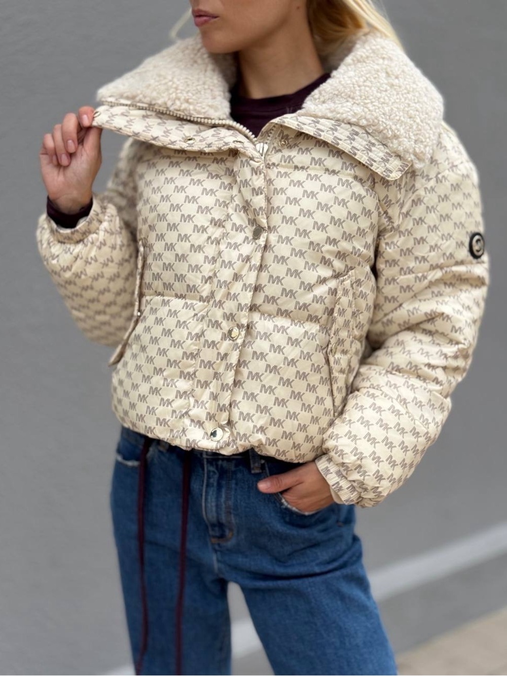 Michael Kors MK Logo Puffer Jacket Sherpa Collar Cream Beige Size Large NWT